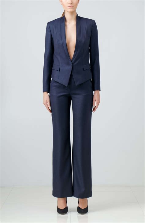 navy pantsuit.